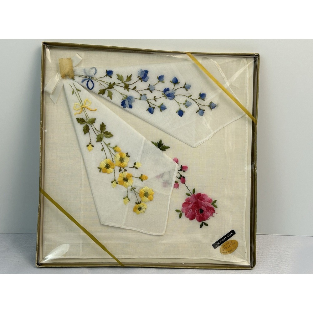 Vintage Swiss Embroidered Cocktail Napkins Set Floral 100% Cotton Boxed
